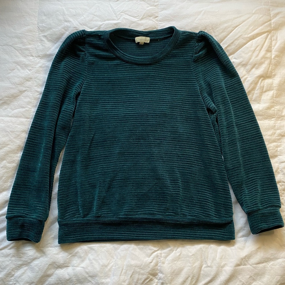 Teal crew neck sweater with puffy shoulders